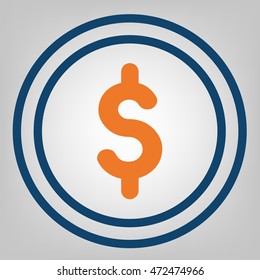 Dollar, money icon. Laconic blue and orange lines on gray background. Isolated vector object