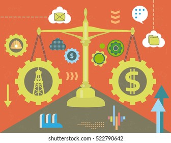 Dollar money and oil fossil energy weighted in balance, concept with infographics elements and grunge texture.