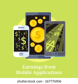 Dollar money phone concept illustration of mobile cell phone smartphone with gold dollar and coins. Earning from mobile application. Online payments