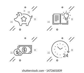 Dollar Money, Product Knowledge And Loyalty Points Line Icons Set. 24 Hours Sign. Cash With Coins, Education Process, Piggy Bank. Time. Business Set. Line Dollar Money Outline Icon. Vector