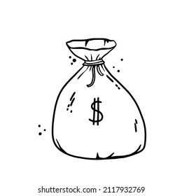 Dollar money sack bag with coins. Hand drawn cartoon doodle sketch style isolated on white background.