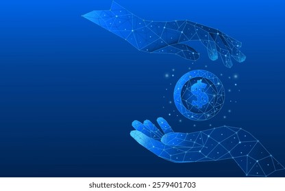 Dollar money saving concept. 3D man hands holding a flying dollar coin. Finance vector illustration on blue technology background. Cashback and finance metaphor.