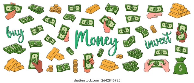 Dollar money set. Flying cash, green banknotes, stack of money, dollar bills, gold coins and bars. Cash paper currency. Vector illustration.