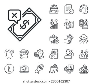 Dollar money sign. Cash money, loan and mortgage outline icons. Rejected Payment line icon. Finance symbol. Rejected Payment line sign. Credit card, crypto wallet icon. Inflation, job salary. Vector