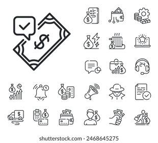 Dollar money sign. Cash money, loan and mortgage outline icons. Accepted Payment line icon. Finance symbol. Accepted payment line sign. Credit card, crypto wallet icon. Inflation, job salary. Vector