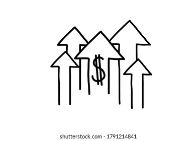 dollar money sign symbol with doodle hand drawn style. rate increase icon with stretching arrow up. rising prices. investment growth vector illustration