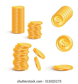 Dollar money. Stacks of gold coins, vector. Dollar gold coins with Dollar signs.  Business concept.