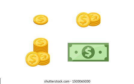 dollar money stacks, gold medal coin and banknote money isolated on white, banknote and medal icon, bank note and medal dollar golden money for symbol infographics, money flat illustration, vector