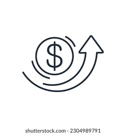 Dollar  money symbol coin and up arrow. Growth increase  finance graphic.Practical motivation. Vector linear icon illustration isolated on white background.