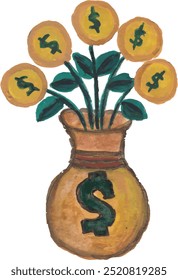 dollar and money tree illustration watercolour clipart