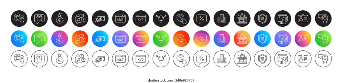 Dinero del dólar, notificación del usuario e iconos de línea de código Qr. Botones de degradado de iconos redondos. Paquete de tarjeta de identificación, género, icono de gestión de tiempo. Cafetería, Cartera, Pictograma de guion Seo. Vector