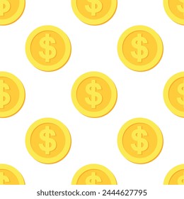 Dollar money vector seamless pattern. Gold coins with USD symbols on white background.