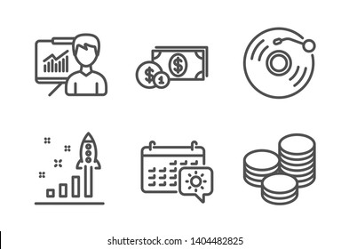 Dollar money, Vinyl record and Presentation icons simple set. Travel calendar, Development plan and Tips signs. Cash with coins, Retro music. Business set. Line dollar money icon. Editable stroke