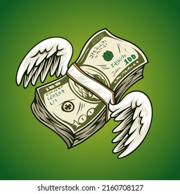 Dinero en dólares con ilustración vectorial de alas