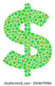 Dollar mosaic of dots in various sizes and fresh green color tints. Vector filled circles are composed into dollar mosaic. Ecological vector illustration.