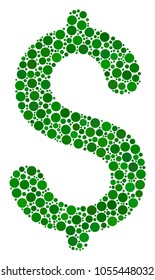 Dollar mosaic of filled circles in various sizes and color hues. Round dots are united into dollar vector collage. Vector illustration.