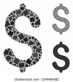 Dollar mosaic of irregular parts in variable sizes and color tones, based on dollar icon. Vector humpy parts are composed into mosaic. Dollar icons collage with dotted pattern.