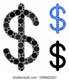 Dollar mosaic of round dots in different sizes and color hues, based on dollar icon. Vector round dots are organized into blue illustration. Dotted dollar icon in usual and blue versions.