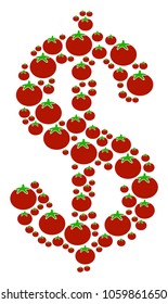 Dollar mosaic of tomatoes in different sizes. Vector tomato vegetable items are combined into dollar composition. Salad vector illustration.