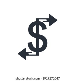 El dólar y las flechas de movimiento. Transferencia financiera. Icono del vector aislado en fondo blanco.