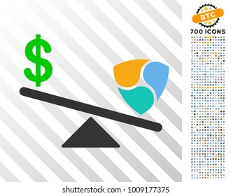 Dollar Nem Balance Swings pictograph with 700 bonus bitcoin mining and blockchain icons. Vector illustration style is flat iconic symbols designed for bitcoin apps.