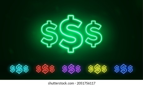 Dollar Neon Schild. Set von leuchtendem Neon-Dollar-Zeichen. Vektorgrafik im Neonstil.