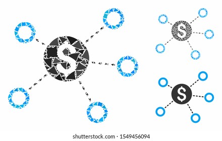 Dollar network links mosaic of abrupt elements in various sizes and color hues, based on dollar network links icon. Vector abrupt pieces are united into mosaic.