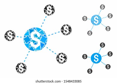 Dollar network nodes mosaic of ragged pieces in various sizes and color tones, based on dollar network nodes icon. Vector unequal pieces are composed into collage.