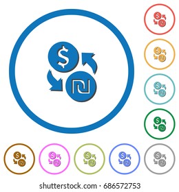 Dollar new Shekel money exchange flat color vector icons with shadows in round outlines on white background