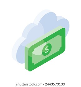 Dollar note with cloud denoting isometric icon of cloud money, cloud earnings vector