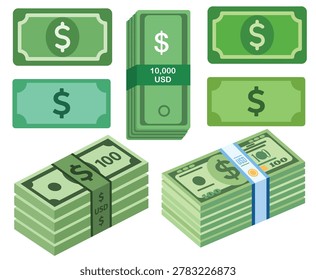 Dollar Note Illustration Pack with Cash Stack and Currency Collection for Financial Growth and Business Banking Concepts