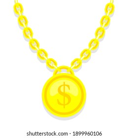 Dollar on gold chain hip hop rap style necklace. American money and financial luxury illustration