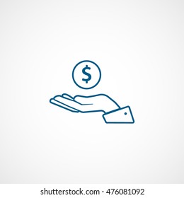 Dollar On Hand Blue Line Icon On White Background