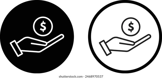 Dollar on hand icon set in two styles . Hand holding dollar icon vector . Save money icon
