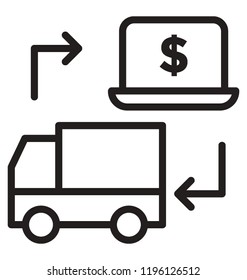 Dollar on laptop screen connected to cargo truck is giving meaning to cash on delivery 