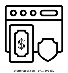 Dólar en página web con escudo, icono de protección financiera