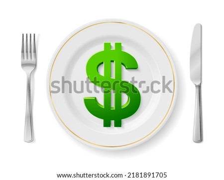 Dollar is on white plate with fork and knife, top view. Dinner plate with dollar sign inside and cutlery set on sides