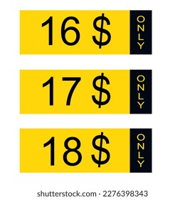 $ Dollar Only Coupon sign or Money Saving label. Currency symbols icon set isolated on white yellow background. Vector art