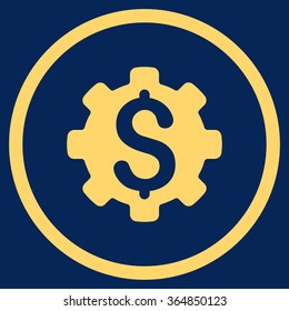 Dollar Options vector icon. Style is flat circled symbol, yellow color, rounded angles, blue background.