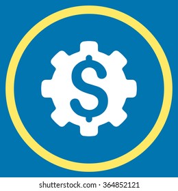 Dollar Options vector icon. Style is bicolor flat circled symbol, yellow and white colors, rounded angles, blue background.