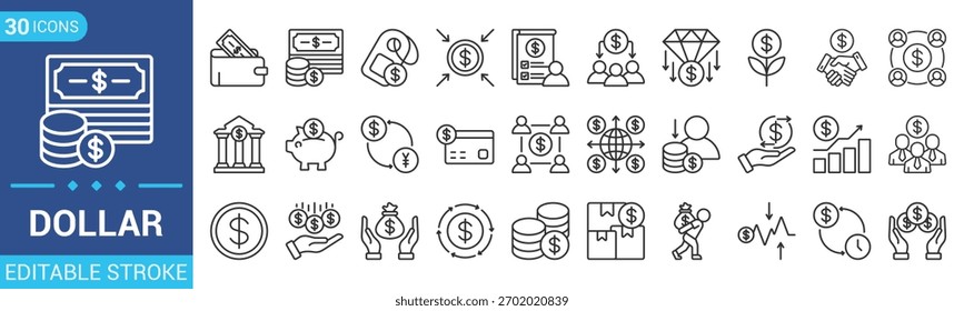 Dollar Outline editable icon set. Containing money, payment, currency, dollar, price, bank, earning, and more. Editable stroke. Vector illustration EPS 10