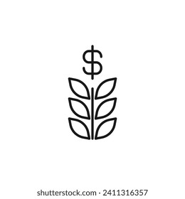 Dollar over Plant Vector Sign for Shops and Stores. Suitable for books, stores, shops. Editable stroke in minimalistic outline style. Symbol for design 