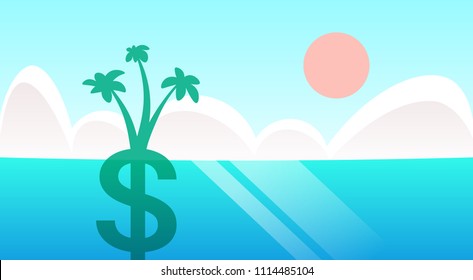 la palmera del dólar crece en el paisaje del mar oceánico fondo concepto offshore virus privacidad de datos ataque a la información de internet seguridad plano