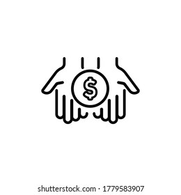 Dollar in Handflächen dünne Linie Symbol. Einfache Hand mit einer Münze. Vektorgrafik einzeln auf weißem Hintergrund. EPS10.