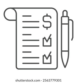 Dollar paper bill checkmark and pen thin line icon, financial advice concept. Vector graphics. Checklist of money income sign on white background, outline style icon for mobile or web design