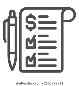 Dollar paper bill checkmark and pen line icon, financial advice concept. Vector graphics. Checklist of money income sign on white background, outline style icon for mobile or web design