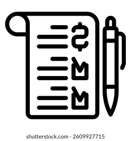 Dollar paper bill checkmark and pen line icon, financial advice concept. Vector graphics. Checklist of money income sign on white background, style mobile or design