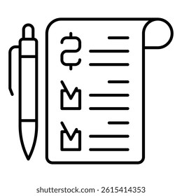 Dollar paper bill checkmark and pen thin line icon, financial advice concept. Vector graphics. Checklist of money income, paperwork sign on white background, linear style for mobile or design