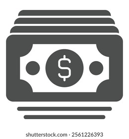 Dollar paper bills solid icon, bank account concept. Vector graphics. Money cash sign on white background, glyph style icon for mobile or web design