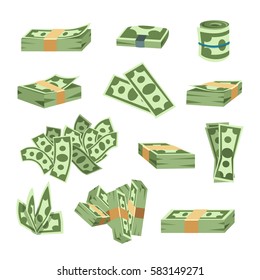 Dollar paper business finance money stack of bundles us banking edition and banknotes bills isolated wealth bucks sign investment currency vector illustration.